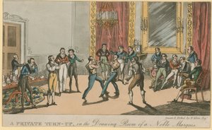Un incontro privato, nel salotto di un nobile marchese (incisione colorata)