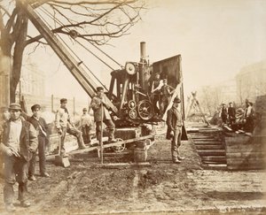 Una gru a vapore in funzione durante la costruzione della Circle Line a Paddington, Londra, c.1890 da English School