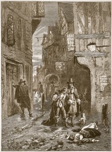 Una strada di Londra durante la Grande Peste, illustrazione da Cassells Illustrated History of England da English School