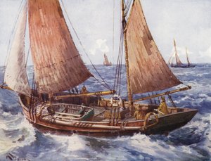 Un peschereccio in mare (litografia a colori)