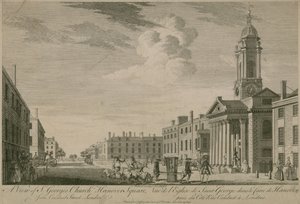Una vista della chiesa di St Georges, Hanover Square, da Conduit Street, Londra