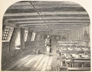 Un reparto a bordo della nave Defence hulk organizzato per il ritorno dei detenuti a cena, illustrazione da The Criminal Prisons of London and Scenes from Prison Life di Henry Mayhew e John Binny, pub. 18
