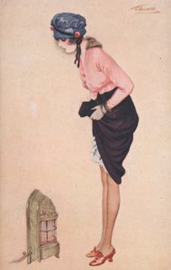 Una donna che solleva la gonna per scaldarsi le gambe con un piccolo riscaldatore da English School