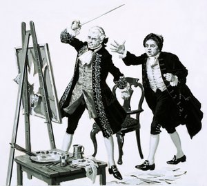 Un giovane uomo tagliò con una spada un ritratto poco lusinghiero di suo padre di Hogarth
