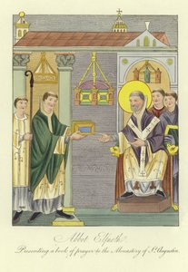 Abate Elfnoth che presenta un libro di preghiere al Monastero di Sant