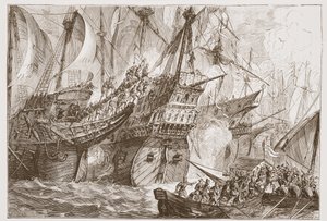 Azione tra la flotta spagnola e le navi dei Mendicanti del Mare, illustrazione da The History of Protestantism di James Aitken Wylie, pub. 1878 da English School