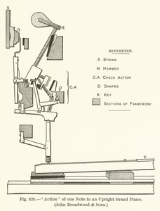Azione di una nota in un pianoforte a coda verticale, John Broadwood and Sons da English School
