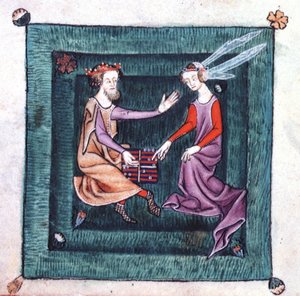 Un re e una dama seduti in un giardino, che giocano a un gioco da tavolo simile al backgammon, dal Salterio di Luttrell, iniziato prima del 1340 per Sir Geoffrey Luttrell
