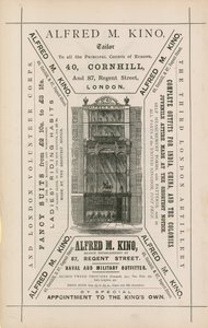 Pubblicità per Alfred M Kino, sarto, 40 Cornhill e 87 Regent Street, Londra da English School