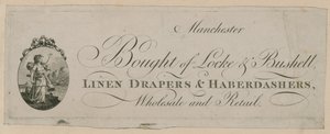Pubblicità per Bought of Locke & Bushell, Manchester da English School