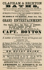 Pubblicità per Clapham and Brixton Baths, Ferndale Road, Shepherds Lane, Brixton, Londra; con Captain Boyton da English School