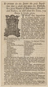 Pubblicità per Edward Pinchbeck, Orologio Musicale, Fleet Street, Londra, dal 1734