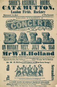 Annuncio per il Grand Ethiopian Concert and Ball, 8 luglio 1850, presso Sobees Assembly Rooms da English School