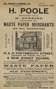 Pubblicità per H Poole e H Dunning, commercianti di carta straccia e appaltatori di mulini da English School