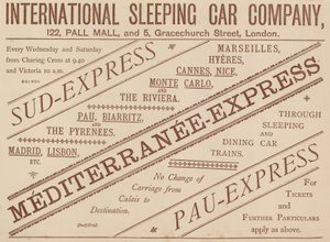 Pubblicità per International Sleeping Car Company, 122 Pall Mall e 5 Graceshurch Street, 1888 da English School