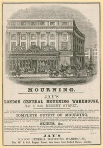 Pubblicità per Jays, London General Mourning Warehouse, 247 & 249 Regent Street, Londra