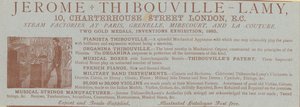 Pubblicità per Jerome Thibouville-Lamy, 10 Charterhouse Street, Londra, fabbricante di strumenti da English School