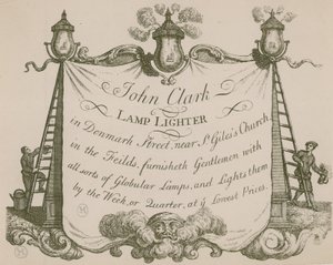 Pubblicità per John Clarke, accenditore di lampade, Denmark Street, Londra da English School