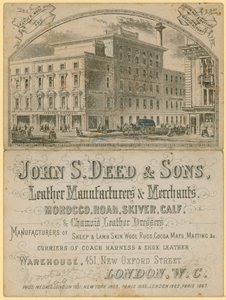 Pubblicità per John S Deed & Sons, produttori e commercianti di pelle, 451 New Oxford Street, Londra