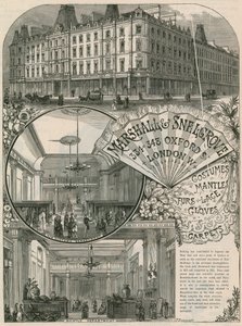 Pubblicità per Marshall & Snelgrove, mercanti di seta, lacemen, hosiers, di Vere Street, Oxford Street, Londra da English School
