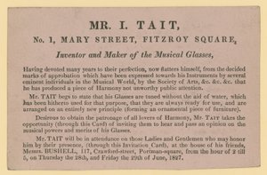 Pubblicità per Mr I Tait, inventore e fabbricante di bicchieri musicali da English School