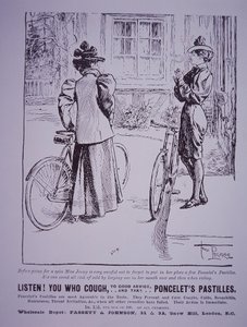 Pubblicità per le Pastiglie di Poncelet che mostra cicliste, una con i pantaloni alla zuava