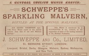 Pubblicità per Schweppes Sparkling Malvern, imbottigliata alle sorgenti, Malvern