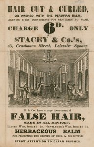 Pubblicità per Stacey & Co., 45 Cranbourne Street, Leicester Square, Londra, parrucchieri da English School