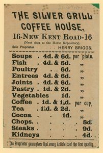 Pubblicità per The Silver Grill Coffee House, 16 New Kent Road, Londra