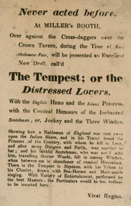 Annuncio per La Tempesta; o, Gli Amanti Distressati, eseguita al Millers Booth, Cross Daggers, vicino alla Crown Tavern da English School