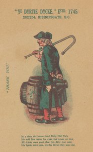 Pubblicità per Ye Dyrtie Dycke (Dirty Dick), 202-204 Bishopsgate, Londra da English School