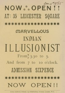 Pubblicità per un illusionista indiano che appare al 35 Leicester Square, Londra da English School