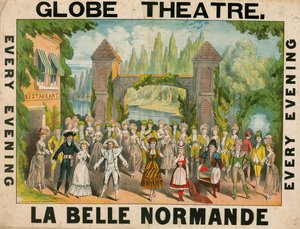Annuncio per il Globe Theatre, Londra, per La Belle Normande da English School