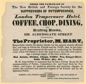 Pubblicità per il London Temperance Hotel, sotto il patrocinio della New British and Foreign Society for the Suppression of Intemperance