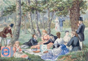 Pubblicità per i biscotti Imperial Ceylon prodotti da Huntley & Palmer che raffigura un picnic nella foresta di Epping