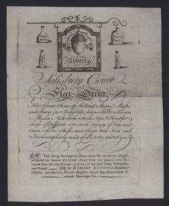 Pubblicità per Roberts, mercanti di stoffe, Salisbury Court, Fleet Street, Londra, dove il Dr. Anthony Daffy preparava il suo Elixir Salutis