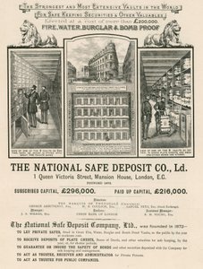 Pubblicità della National Safe Deposit Company, 1 Queen Victoria Street, Mansion House, Londra