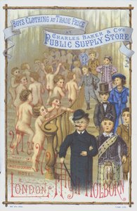 Pubblicità per abbigliamento per ragazzi dal Public Supply Store di Charles Baker & Co, High Holborn, Londra (cromolitografia)