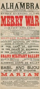 Pubblicità per il Royal Alhambra Theatre, con Merry War di F Bell e Richard Genee con musica di Johann Strauss da English School