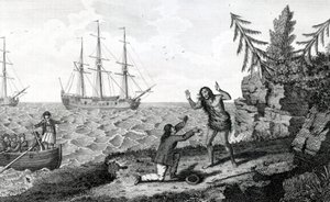 Commovente incontro di due Uomini Mokito, illustrazione tratta dai Viaggi e Viaggi di Moore, 1778