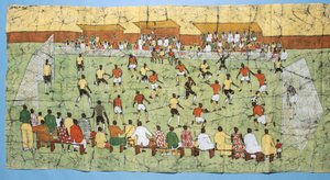 Batik africano che illustra una partita di calcio con folle che guardano dagli spalti