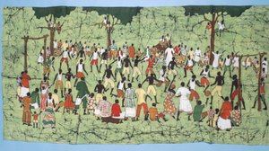 Batik africano, che illustra una partita di calcio con spettatori che guardano