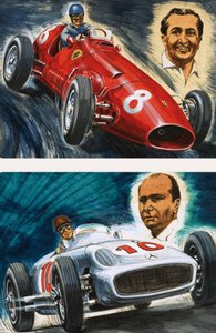 Alberto Ascari alla guida di una Maserati (in alto) e Juan Manuel Fangio alla guida di una Mercedes-Benz (in basso) da English School