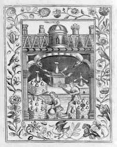 Laboratorio alchemico che mostra varie forme di fornaci e vasi, tratto da Theatrum Chemicum Britannicum di Elias Ashmole, 1652 da English School