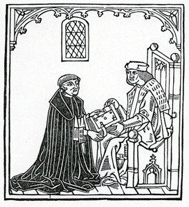 Alexander Barclay presenta il suo libro al suo patrono Thomas Cornish, frontespizio della traduzione inglese di 