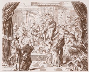Dipinto allegorico di Enrico VIII che calpesta Papa Clemente, da una vecchia stampa nel British Museum da English School