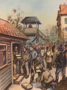 Prigionieri di guerra alleati che ricevono pacchi della Croce Rossa in un campo di prigionia tedesco, Seconda Guerra Mondiale
