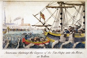 Americani che gettano i carichi delle navi da tè nel fiume, a Boston, da Storia del Nord America, pub. Londra da English School