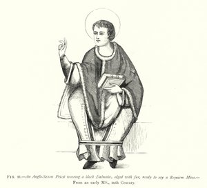Un sacerdote anglosassone che indossa una dalmatica nera, bordata di pelliccia, pronto a celebrare una Messa di Requiem da English School