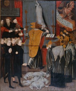 Allegoria anticattolica con ritratti di Stephen Gardiner, il vescovo di Winchester e i vescovi Bonner e Tunstall come lupi, e con i corpi di Hooper, Cranmer, Goodrich, Ridley Latimer e Rogers come agnelli, c.1555 da English School